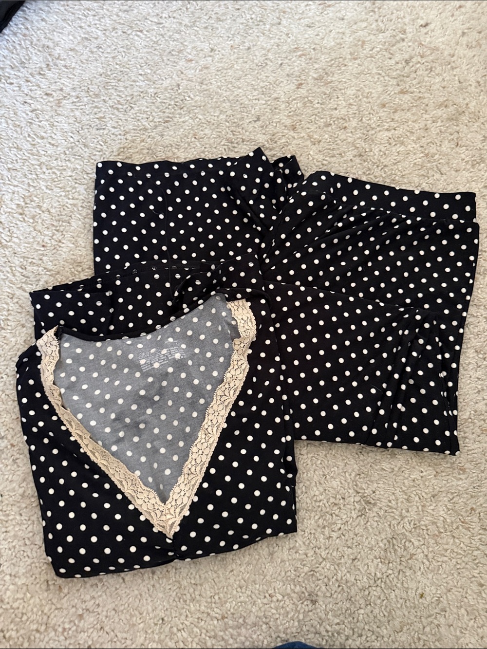 Anthropologie Black and White Polka Dot Pajama Set with Cream Lace Trim